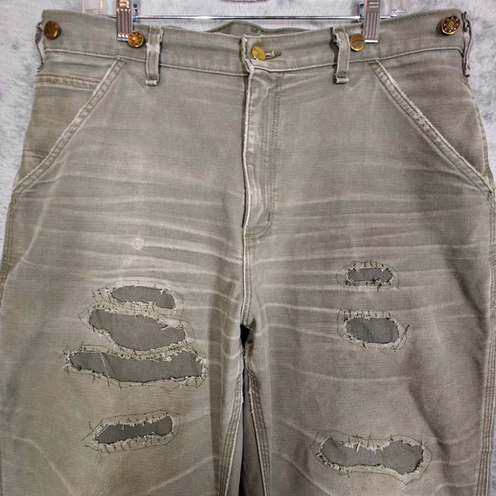 Repaired Carhartt B11 MOS Bucksaw Logger 34x31 Moss Green Whisker Knee Mend Boho